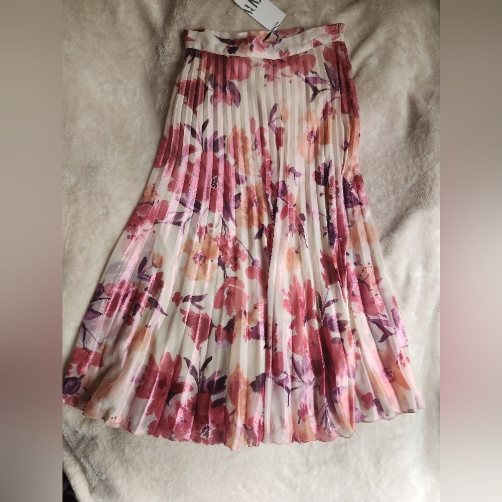 Zara floral pleated midi skirt multicolored pink BNWT - Picture 3 of 14